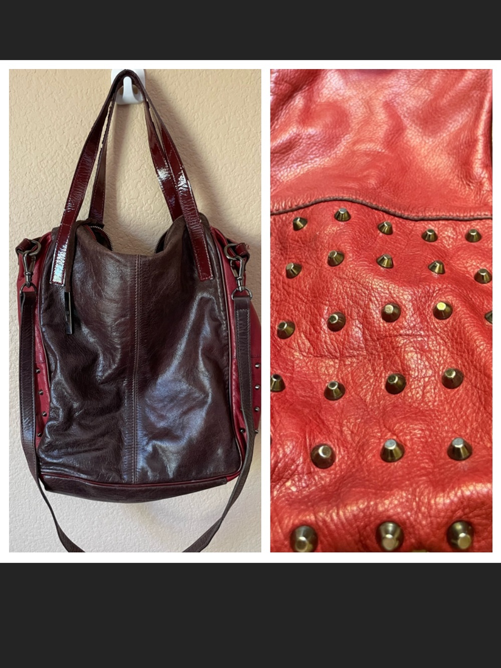 Innue Italian Leather Crossbody Satchel Hobo Bag Colorblock Red/Brown Studded